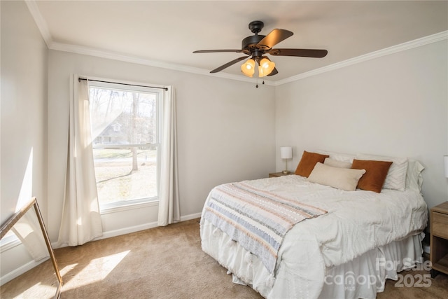 bedroom with ceiling fan, light colored carpet, and ornamental molding