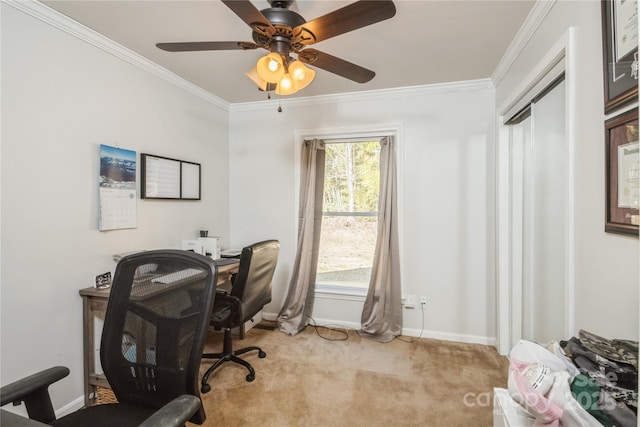 carpeted home office featuring ceiling fan and ornamental molding