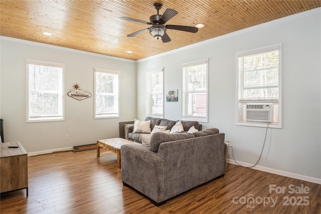 living room with ceiling fan, cooling unit, ornamental molding, and wooden ceiling