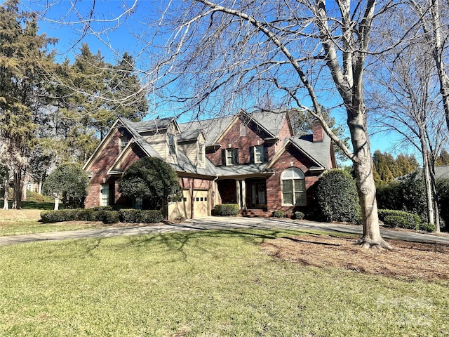 view of front of house with a front yard and a garage