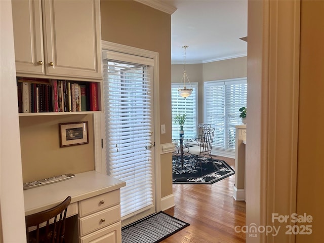 doorway to outside featuring crown molding and light hardwood / wood-style flooring