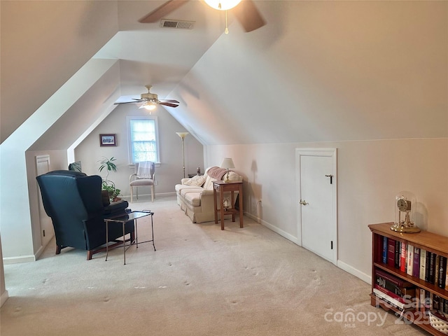 bonus room featuring ceiling fan, light colored carpet, and lofted ceiling