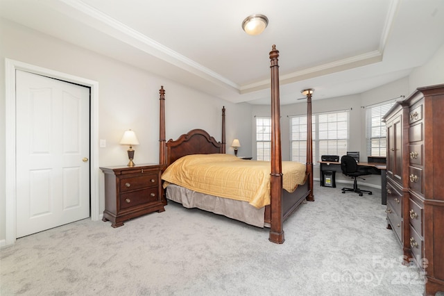 bedroom with a tray ceiling, crown molding, and light colored carpet