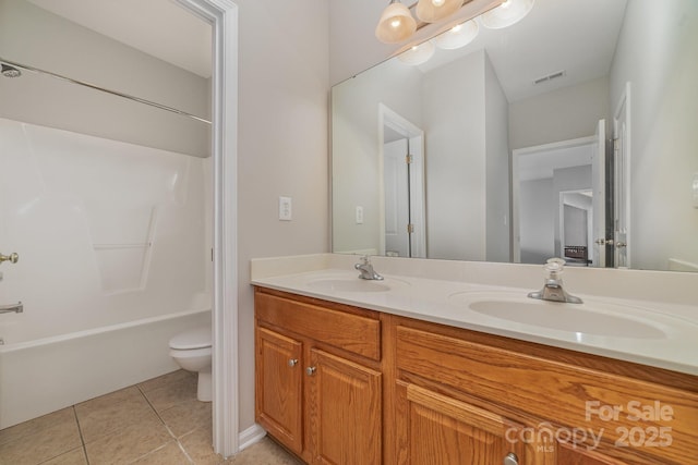 full bathroom with tile patterned floors, shower / bathing tub combination, vanity, and toilet