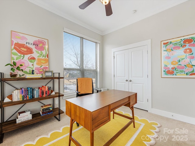 office featuring ornamental molding, light colored carpet, and ceiling fan