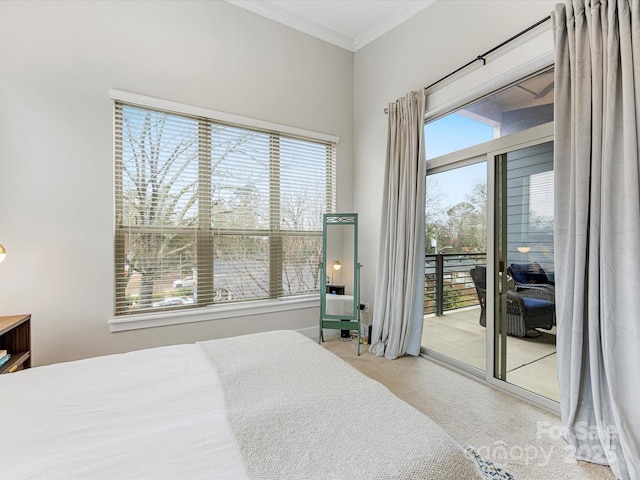 bedroom with multiple windows, access to exterior, and light colored carpet