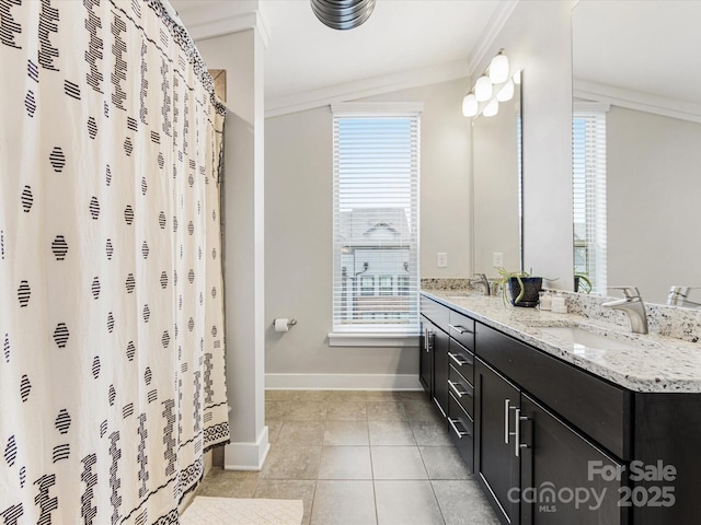 bathroom featuring vanity, crown molding, tile patterned floors, and walk in shower