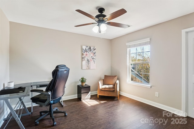 office area featuring dark hardwood / wood-style flooring and ceiling fan