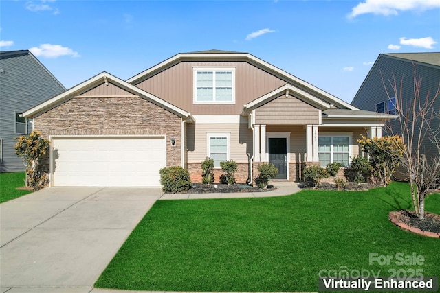 craftsman house with a garage, concrete driveway, a front lawn, and stone siding