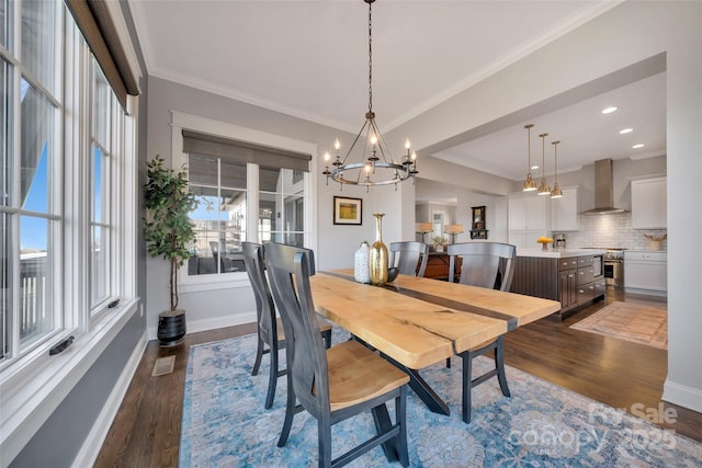 dining area featuring baseboards, dark wood-style flooring, and ornamental molding