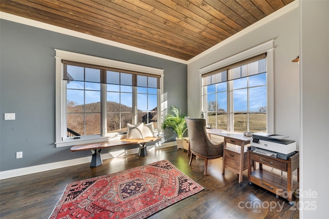 office space featuring wooden ceiling, wood finished floors, crown molding, and a healthy amount of sunlight