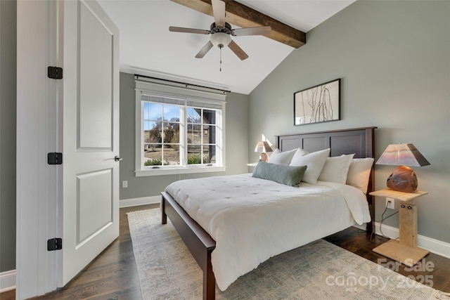 bedroom featuring baseboards, dark wood-style floors, and vaulted ceiling with beams