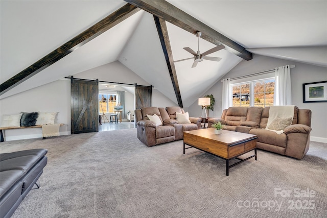 carpeted living area featuring a barn door, vaulted ceiling with beams, a healthy amount of sunlight, and baseboards