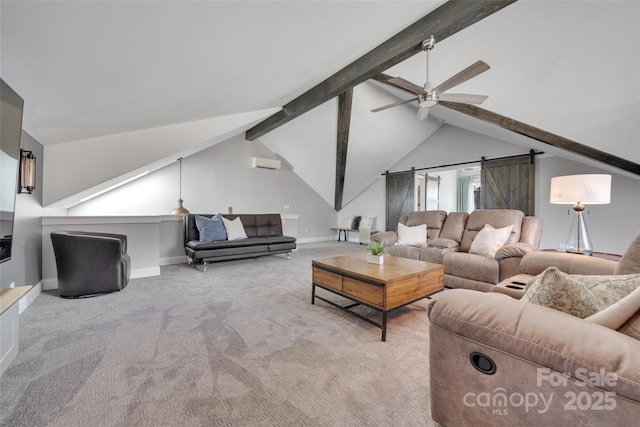 living area featuring a ceiling fan, a barn door, carpet flooring, baseboards, and vaulted ceiling with beams