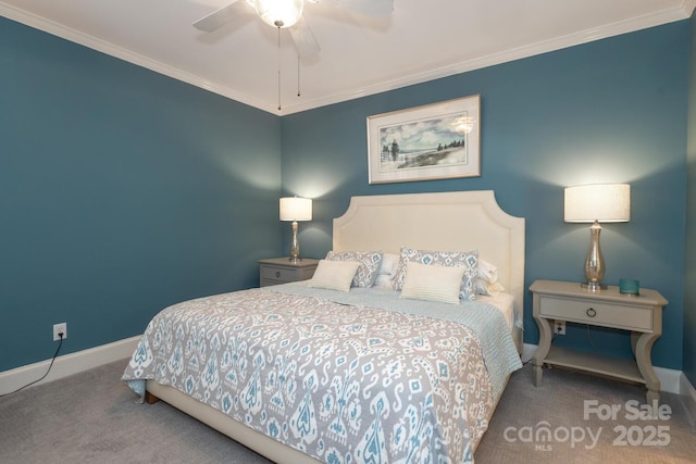 bedroom featuring carpet flooring, ceiling fan, and crown molding