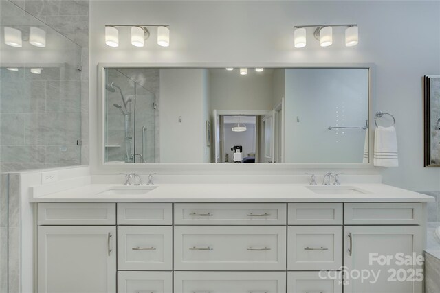 bathroom featuring walk in shower and vanity