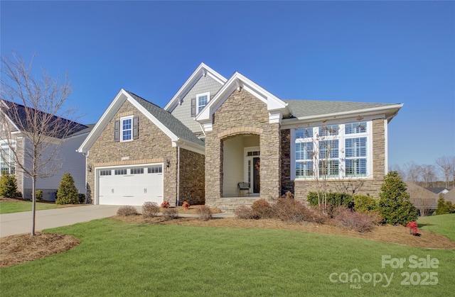 45528 Misty Bluff Dr, Charlotte, NC 28278 - view of front of house featuring driveway, a front yard, stone siding, an attached garage, and a shingled roof