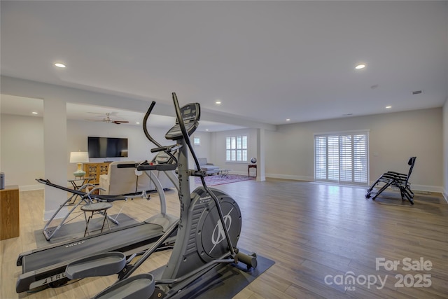 exercise area featuring light hardwood / wood-style floors