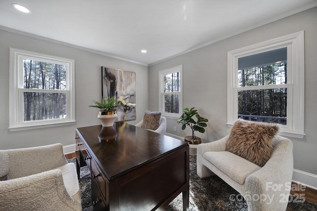 office area with ornamental molding and hardwood / wood-style floors