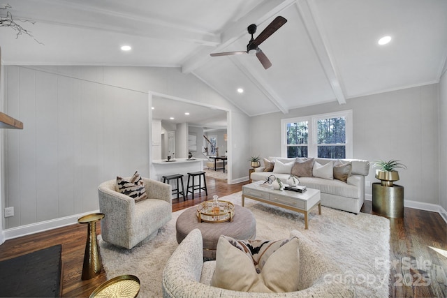 living room with dark hardwood / wood-style flooring, vaulted ceiling with beams, and ceiling fan