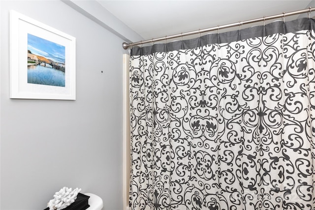 bathroom featuring a shower with curtain and toilet