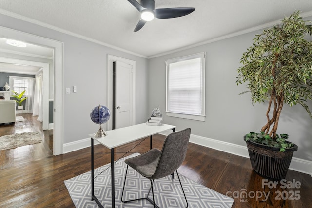 office with ceiling fan, dark wood-type flooring, a textured ceiling, and ornamental molding