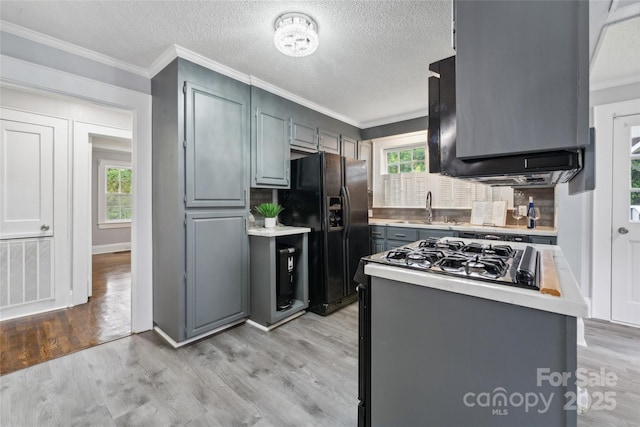 kitchen with gray cabinets, light wood-type flooring, sink, and a wealth of natural light