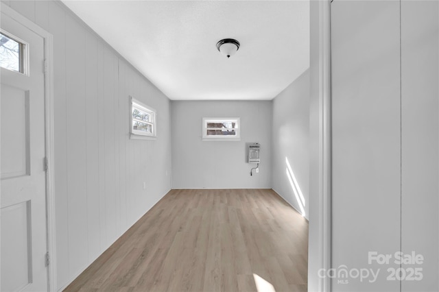 spare room featuring a wealth of natural light, wood walls, and light hardwood / wood-style floors