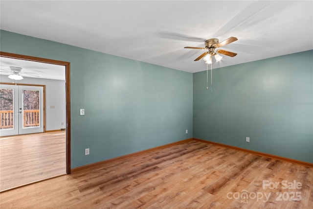 empty room featuring french doors, light hardwood / wood-style flooring, and ceiling fan