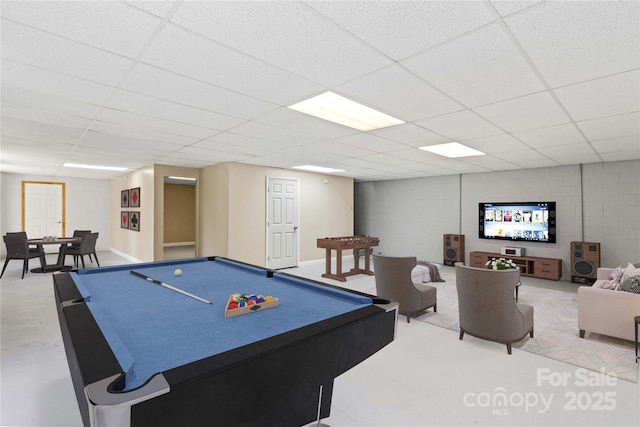 rec room with a paneled ceiling and pool table