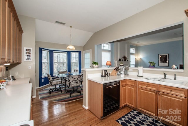 kitchen with sink, hanging light fixtures, kitchen peninsula, and dishwasher