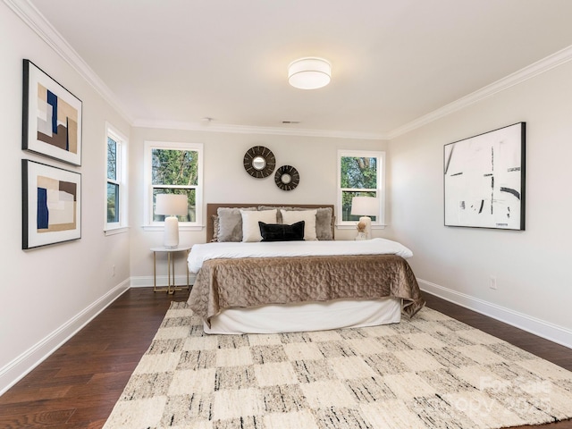 bedroom featuring ornamental molding and wood-type flooring