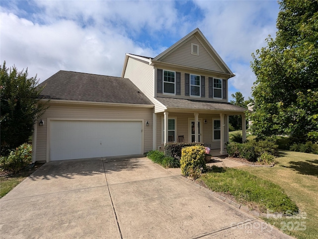 view of front of home featuring covered porch, a garage, and a front yard