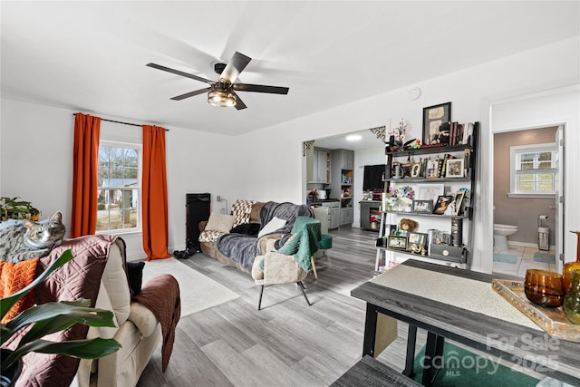 living room with hardwood / wood-style flooring and ceiling fan