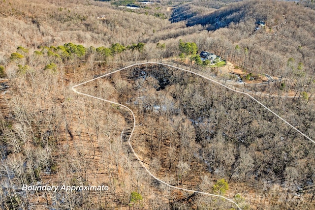 aerial view featuring a wooded view