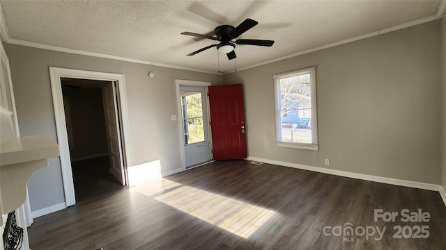 interior space with a textured ceiling, ceiling fan, crown molding, and dark hardwood / wood-style floors