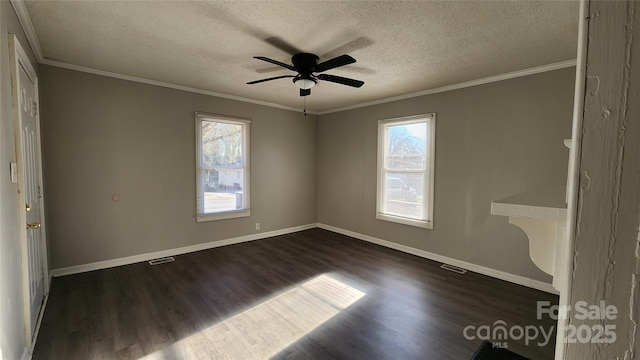 unfurnished bedroom with ceiling fan, ornamental molding, a textured ceiling, and dark wood-type flooring