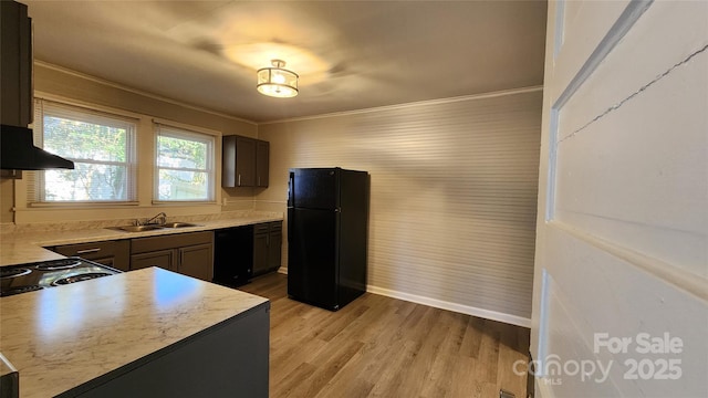 kitchen featuring sink, range hood, light wood-type flooring, black appliances, and ornamental molding