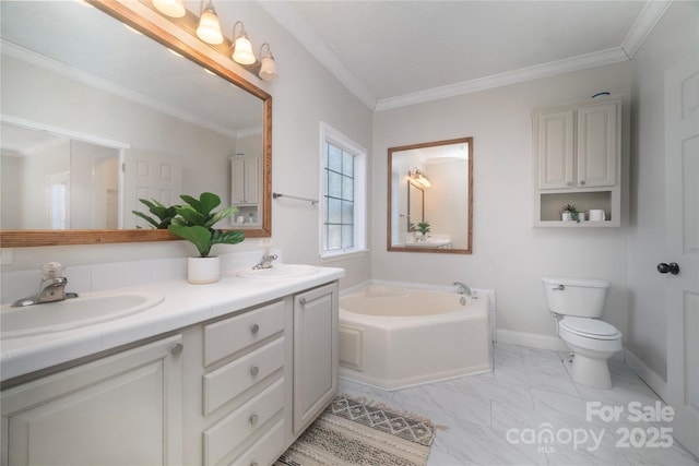 bathroom with a bath, marble finish floor, toilet, and a sink