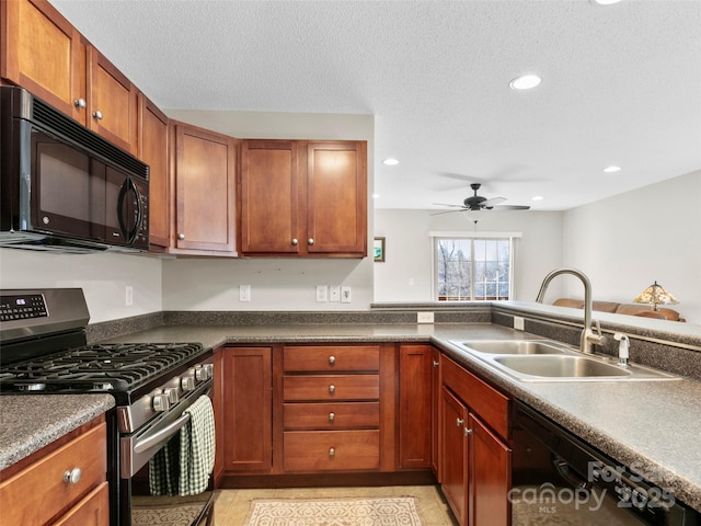 kitchen featuring a textured ceiling, ceiling fan, sink, black appliances, and light tile patterned flooring