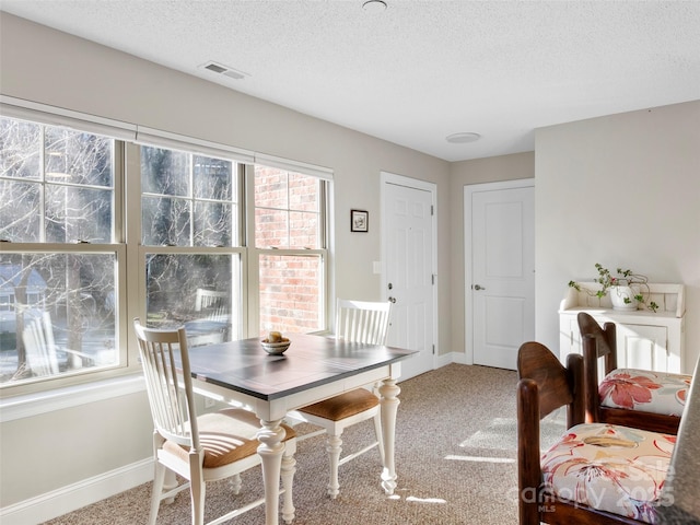 carpeted dining room with a textured ceiling