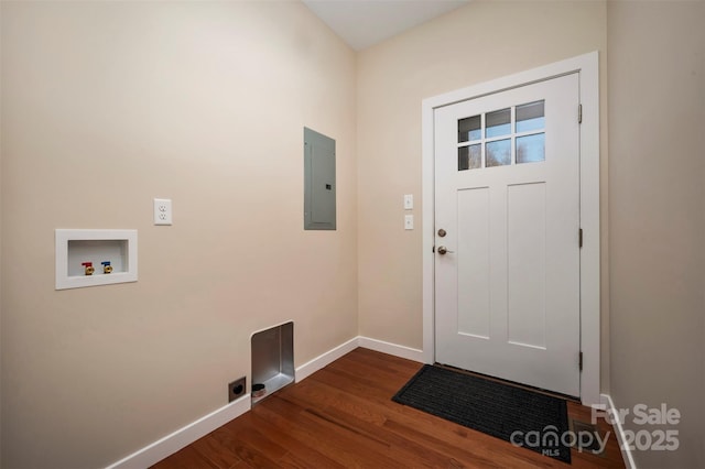 interior space with electric panel and dark wood-type flooring