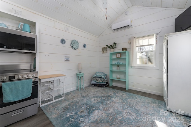 kitchen with a wall mounted air conditioner, dark wood-type flooring, lofted ceiling, and appliances with stainless steel finishes