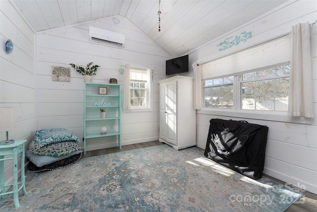 living area featuring vaulted ceiling, a wall mounted AC, wooden ceiling, and wood walls