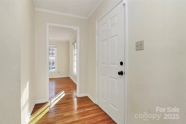 interior space with crown molding and light hardwood / wood-style floors