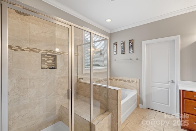 bathroom with vanity, tile patterned floors, separate shower and tub, and crown molding