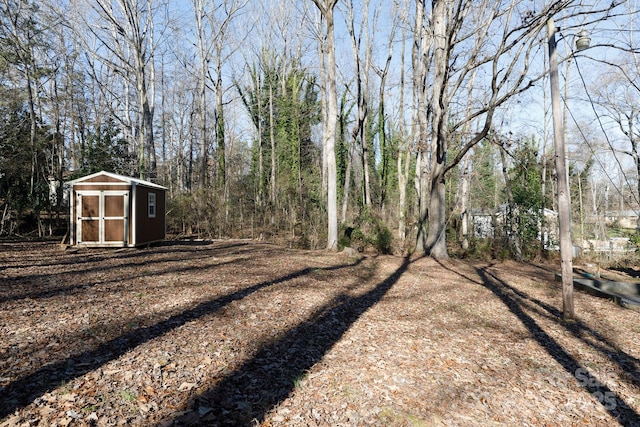 view of yard featuring a storage shed