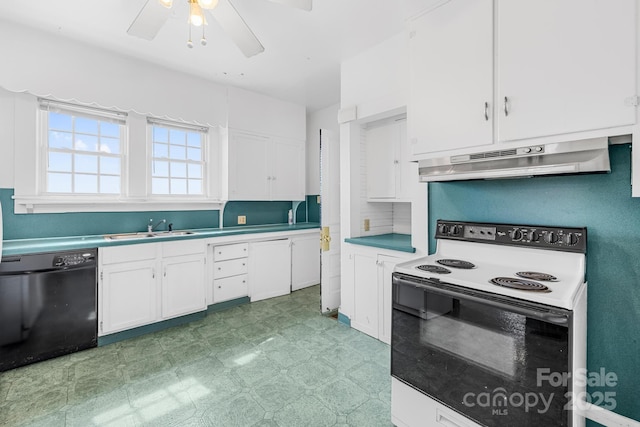 kitchen with white range with electric cooktop, under cabinet range hood, light floors, dishwasher, and a sink