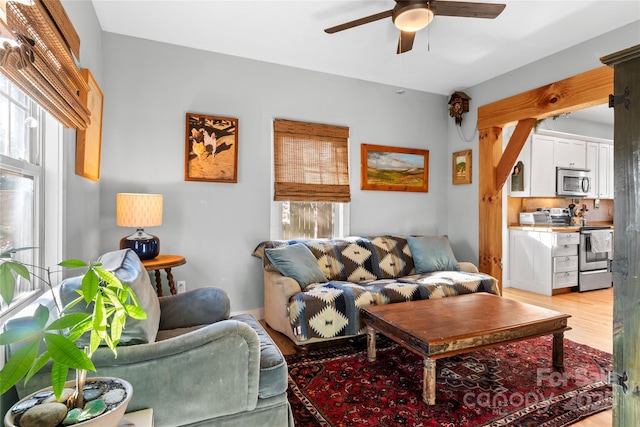 living room with ceiling fan and light wood-type flooring