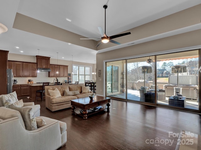 living room with ceiling fan and dark hardwood / wood-style flooring